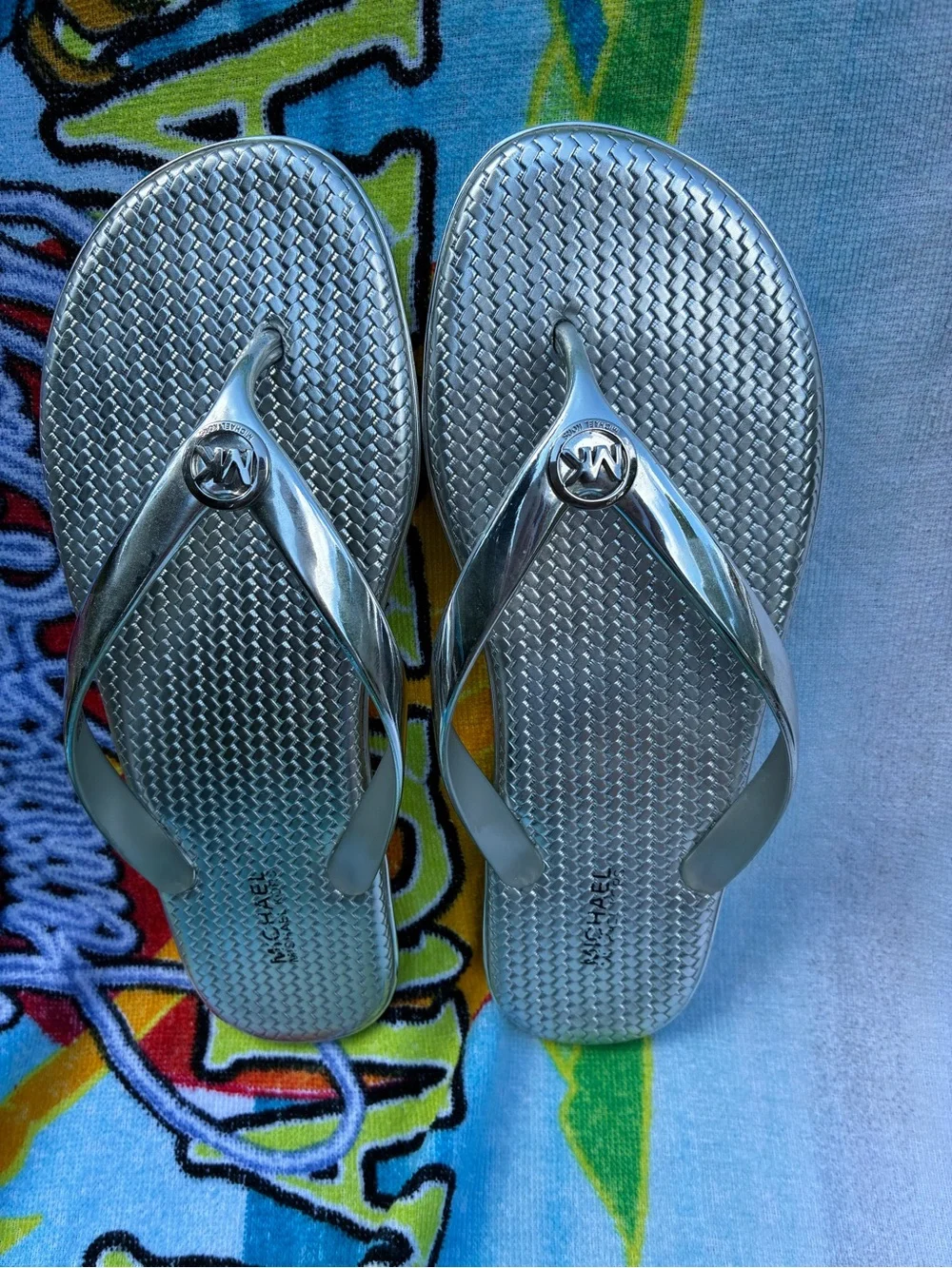 Michael Kors Metallic Silver Logo Flip Flops